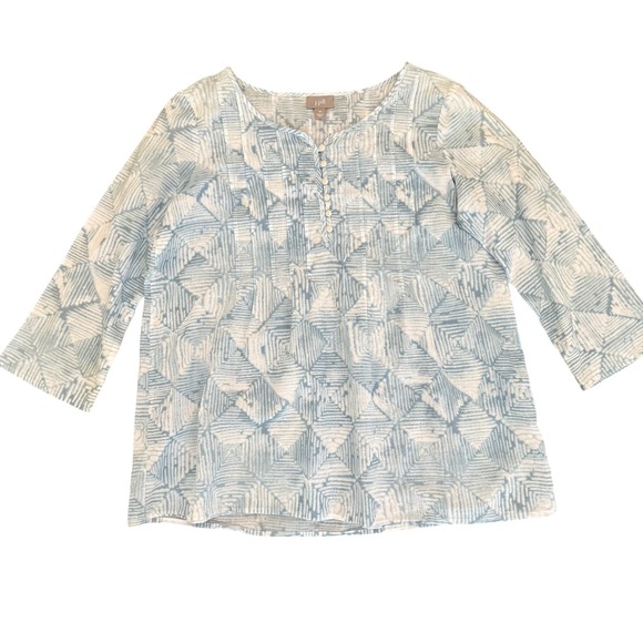 J. Jill Tops - J. Jill Blue White Abstract Geo Print Pintuck 3/4 Sleeve Cotton Popover Top XS‎